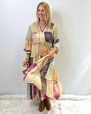 Long flowy boho dress with mixed patchwork fabric in a jhabla style silhouette, featuring relaxed fit and western inspired detailing