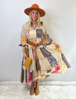 Long flowy boho dress with mixed patchwork fabric in a jhabla style silhouette, featuring relaxed fit and western inspired detailing