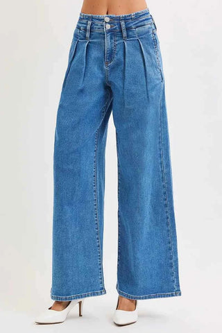 RISEN Full Size Mid Rise Fit Wide Leg with Pleated Detail Jeans Plus Size
