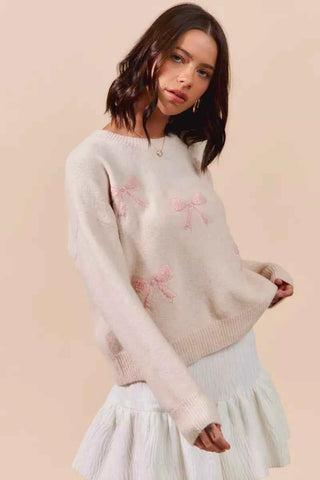 SO ME Embroidered Ribbon Round Neck Sweater