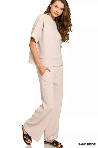 Zenana Ribbed Round Neck Tee & Pants Set