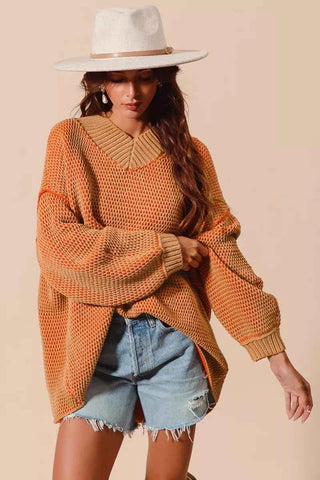 SO ME Oversized Two Tone Textured V Neck Sweater