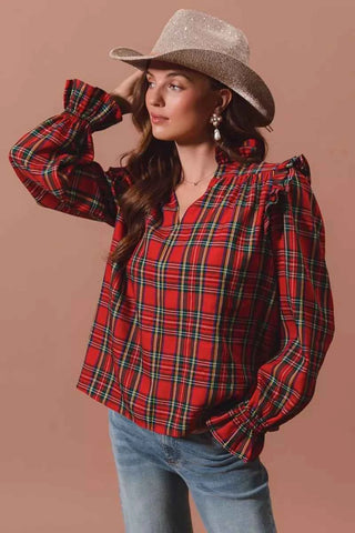 SO ME Christmas Checkered Plaid Smocked Blouse
