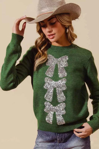 SO ME Sequins Bow Ribbon Embellished Christmas Sweater