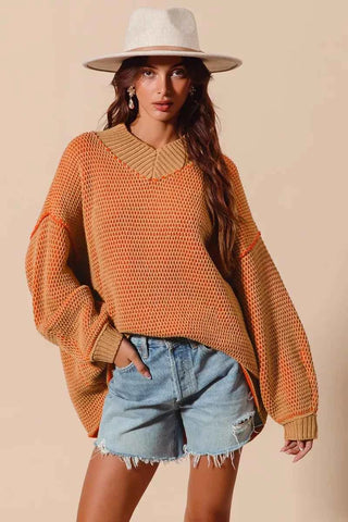 SO ME Oversized Two Tone Textured V Neck Sweater