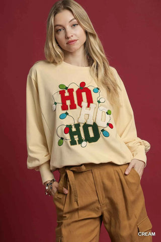 Umgee HO Applique French Terry Sweatshirt Christmas HO HO HO Graphic