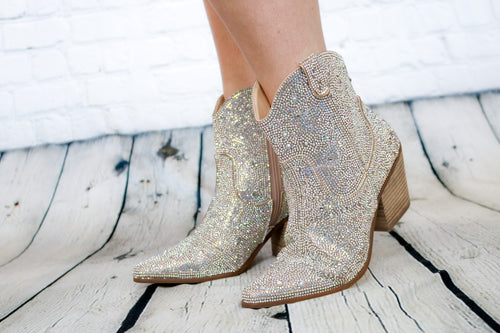 Matisse Harlow rhinestone boots booties white brick and old wood floor country singer boots stage outfit bling boots