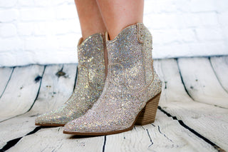 Sparkling rhinestone covered ankle booties with pointed toe and block heel