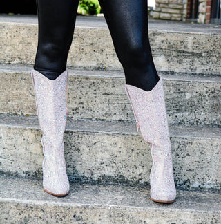 Tall Rhinestone covered boots with pointed toe and block heel, designed by Matisse for a bold, glam Western look.