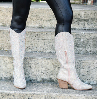 Tall Rhinestone covered boots with pointed toe and block heel, designed by Matisse for a bold, glam Western look.