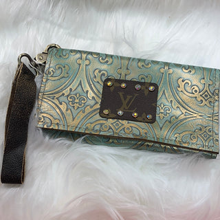 Keep It Gypsy Trifold Jade Patina Distressed Hand Tooled Wallet Wristlet - White Lily Boutique