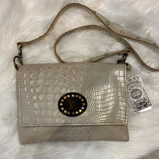 Maxine Gold Distressed Crocodile and Leather Foldover Flap Crossbody - White Lily Boutique