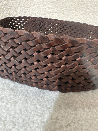 Brown Braided woven silver abalone buckle belt