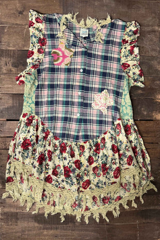 Jaded Gypsy Rustic Roots Patchwork Boho Fringe Top - Plaid & Floral Artisan Shirt