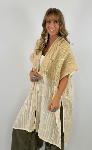 Boho Crochet Contrast Sequin Tassel Midi Kimono Fit Cardigan - Natural