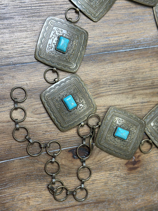 Turquoise Rectangular Etched Plate Conch Belt Adjustable Western Statement Belt