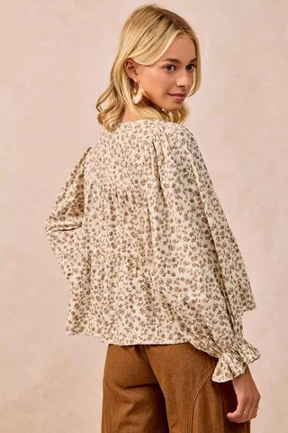 BiBi Floral Printed Peplum Blouse with Shirring and Tied