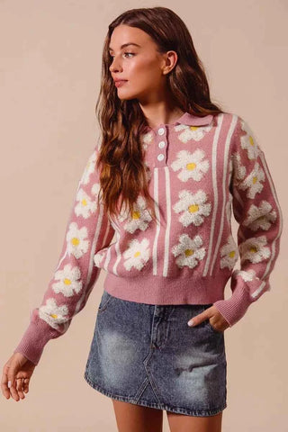 SO ME Floral Stripe Polo Collar Sweater