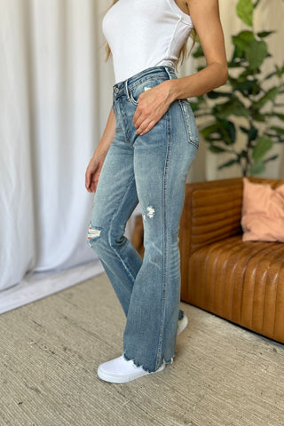 Judy Blue Full Size Medium Rise Tummy Control Destroy Flare - White Lily Boutique