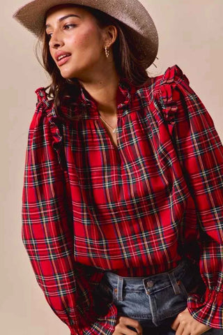 SO ME Christmas Checkered Plaid Smocked Blouse