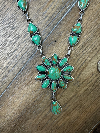 Turquoise Circle Flower Medallion Necklace with Cabochons and Teardrop Drop