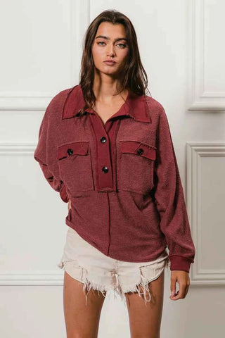 BiBi Cp French Terry Cut Edge Detail Collared Top