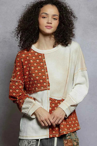 POL Contrast Patchwork Round Neck Long Sleeve Top