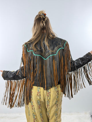Scully Lambskin Leather Fringe Jacket with Turquoise Trim