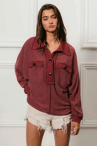 BiBi Cp French Terry Cut Edge Detail Collared Top