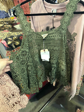 Jaded Gypsy Forever Timeless Olive Crochet Cotton Tank
