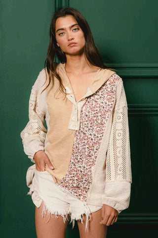 BiBi Slub Jersey with Lace Combo Buttoned Hoodie Top