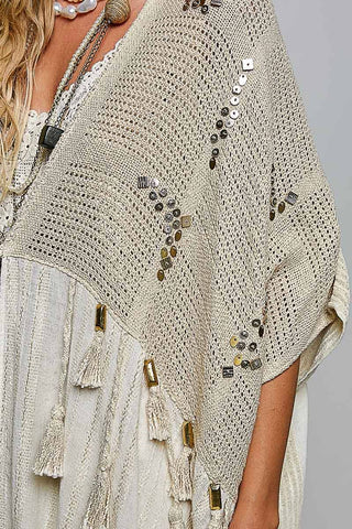 Boho Crochet Contrast Sequin Tassel Midi Kimono Fit Cardigan - Natural