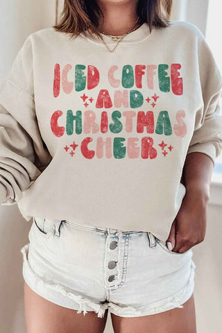 Iced Coffee & Cheer crewneck sweatshirt in white, grey, pink, sand or ash with relaxed fit and holiday graphic. 