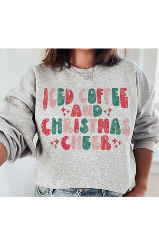 Iced Coffee & Cheer crewneck sweatshirt in white, grey, pink, sand or ash with relaxed fit and holiday graphic. 