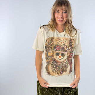 Snowman in Red and Green Top Hat Jeweled Graphic Tee