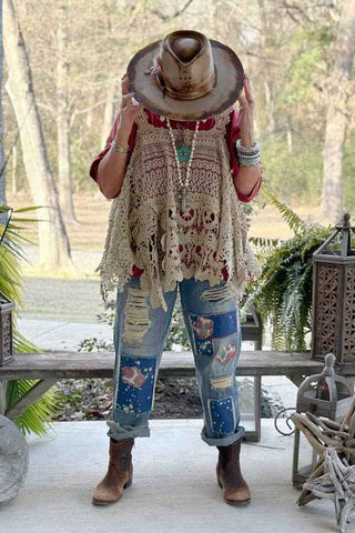 Jaded Gypsy Garden Splatter Jeans with hand painted floral design and relaxed boho fit 