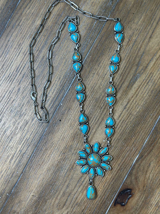 Turquoise Circle Flower Medallion Necklace with Cabochons and Teardrop Drop