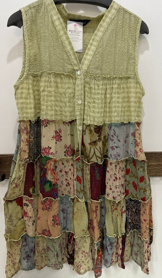 Patchwork tiered sleeveless jhabla tunic top with V neckline, relaxed fit, and hip length boho silhouette