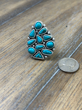 Turquoise Cabochon Triangle Cluster Ring | Adjustable Silver Western | Texas