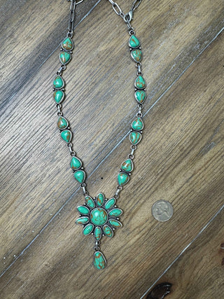 Turquoise Circle Flower Medallion Necklace with Cabochons and Teardrop Drop