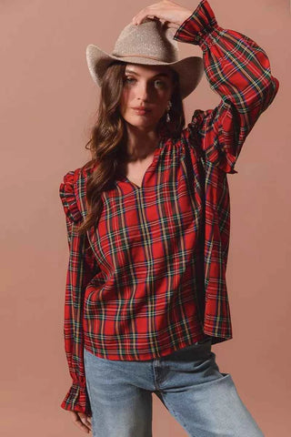 SO ME Christmas Checkered Plaid Smocked Blouse