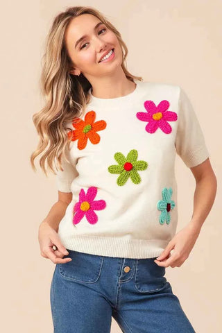 BiBi Crochet Flower Patch Sweater Top