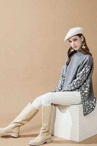 Oversized Mock Neck Leopard Print Sweater Tunic