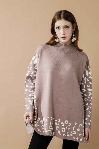 Oversized Mock Neck Leopard Print Sweater Tunic