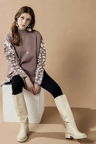 Oversized Mock Neck Leopard Print Sweater Tunic