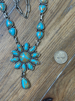 Turquoise Circle Flower Medallion Necklace with Cabochons and Teardrop Drop