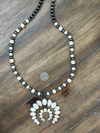 Off-White Turquoise Beaded Squash Blossom Necklace with Navajo Pearls