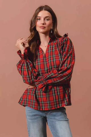 SO ME Christmas Checkered Plaid Smocked Blouse