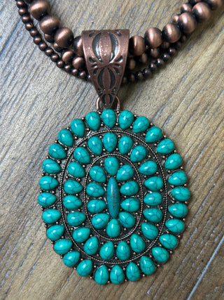 Turquoise Triple Ring Stone Cluster Pendant Necklace with Navajo Pearls
