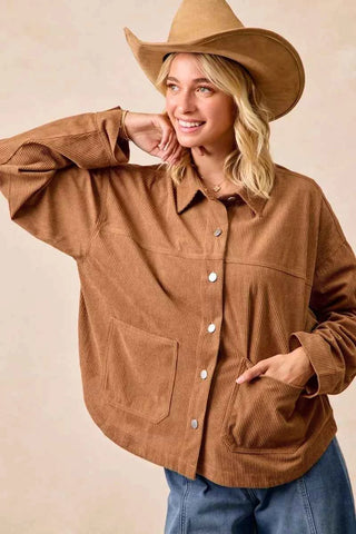 BiBi Corduroy Relaxed Fit Shacket with Back Pleat